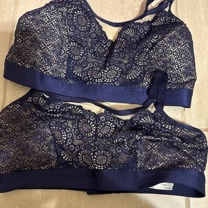 2 NWT  Soma L Large Ivory Blue Lace Geo Mesh Scoop Neck Bralette P8